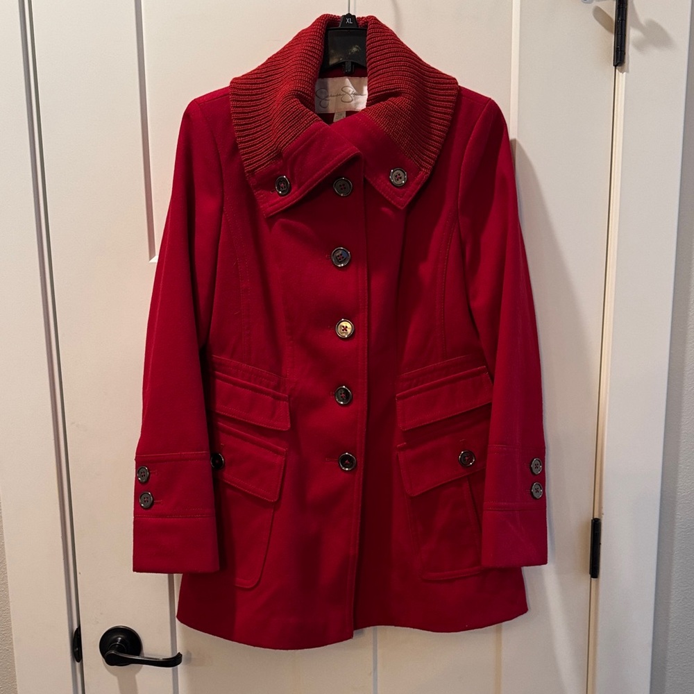 Jessica Simpson Red Pea Coat with Button Details